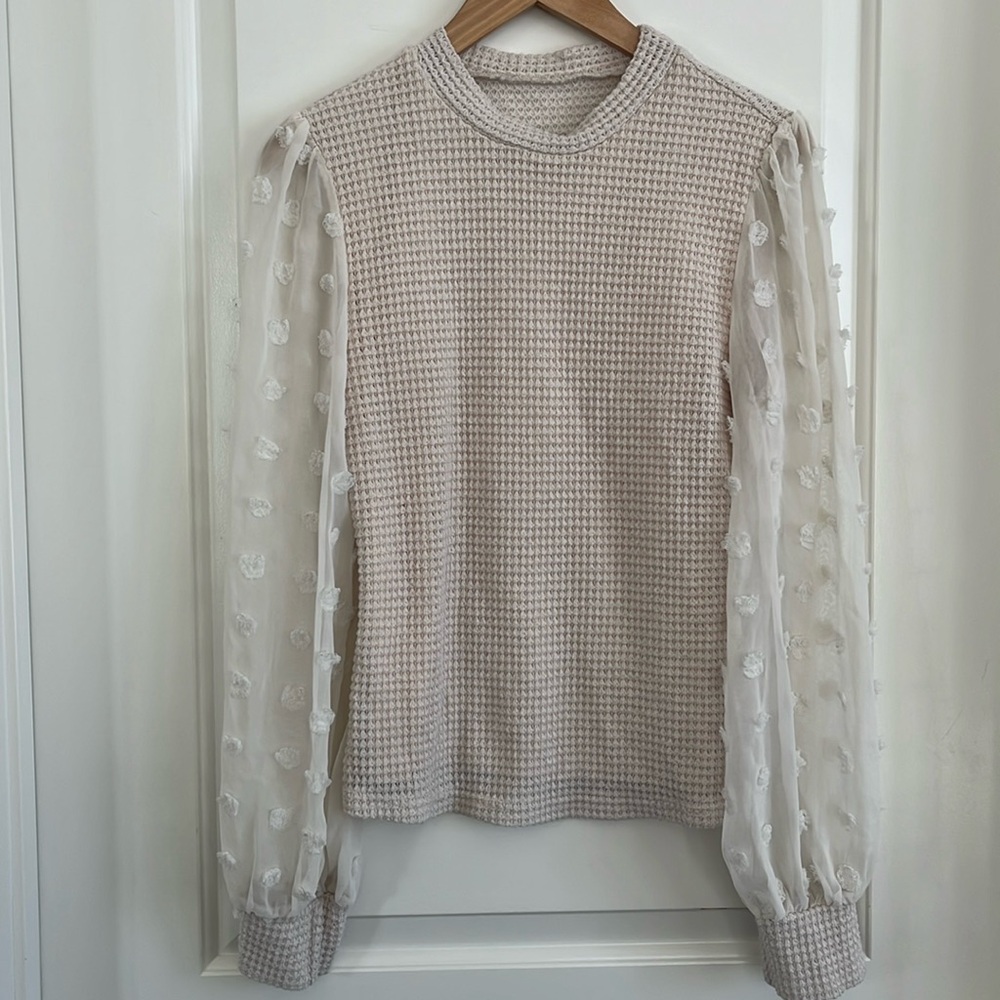 SHEIN waffle top sheer sleeves with Swiss dots size lg